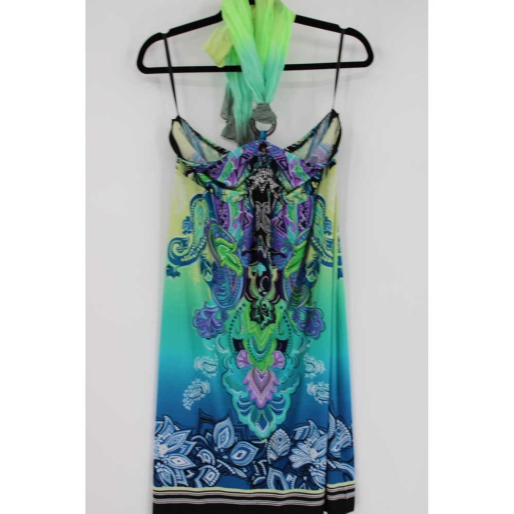 Spense Dress Womens Large Blue Green Purple Boho‎ Paisley Maxi Sleeveless Scarf